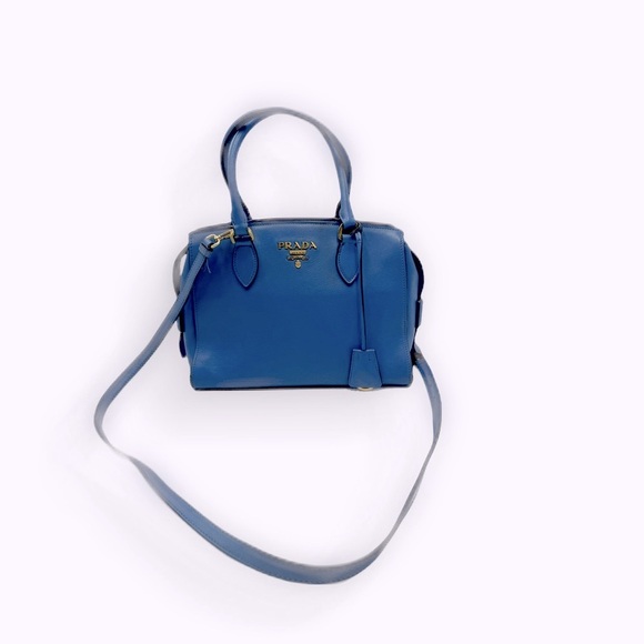 Auth Prada Small Blue Vitello Daino Convertible 2way Satchel Preloved Purse Ex+ - Picture 7 of 16